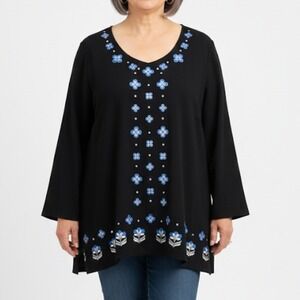 BOB MACKIE Wearable Art Size 3X Black Floral Embroidered Long Sleeve Tunic Top